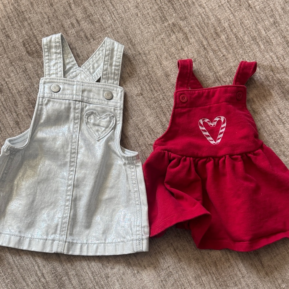 Old Navy Silver Glitter Denim Overall Skirt  and Red Heart Overall Cotton Skirt